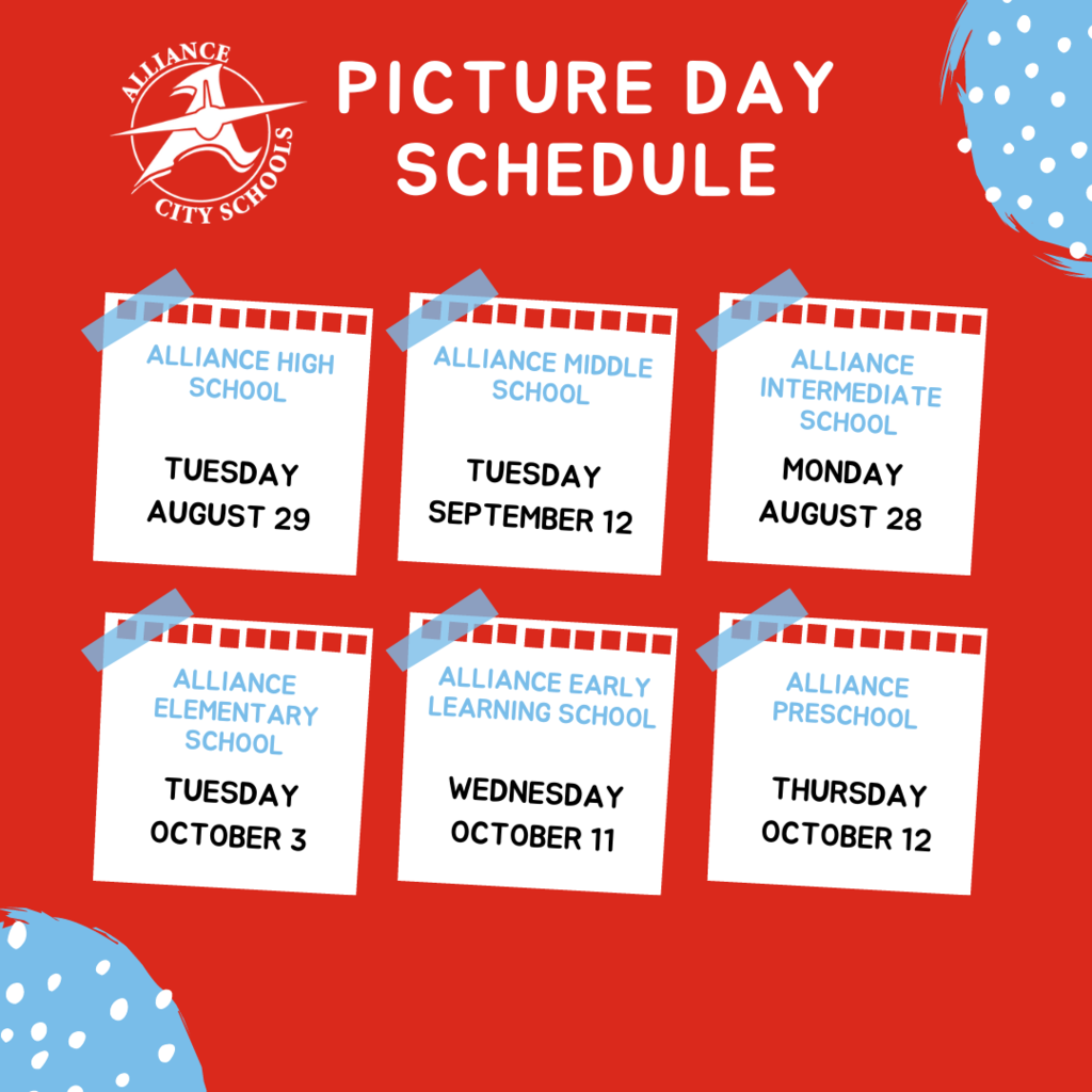 Picture Day Schedule: AHS - Aug. 29, AMS - Sept. 12, AIS - Aug. 28, AES - Oct. 3, AELS - Oct. 11, PreK - Oct. 12