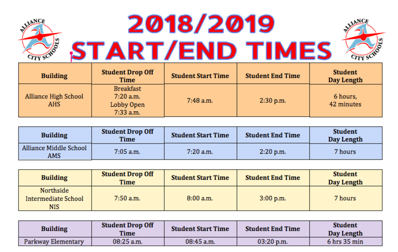 New Start and end times Alliance Intermediate School